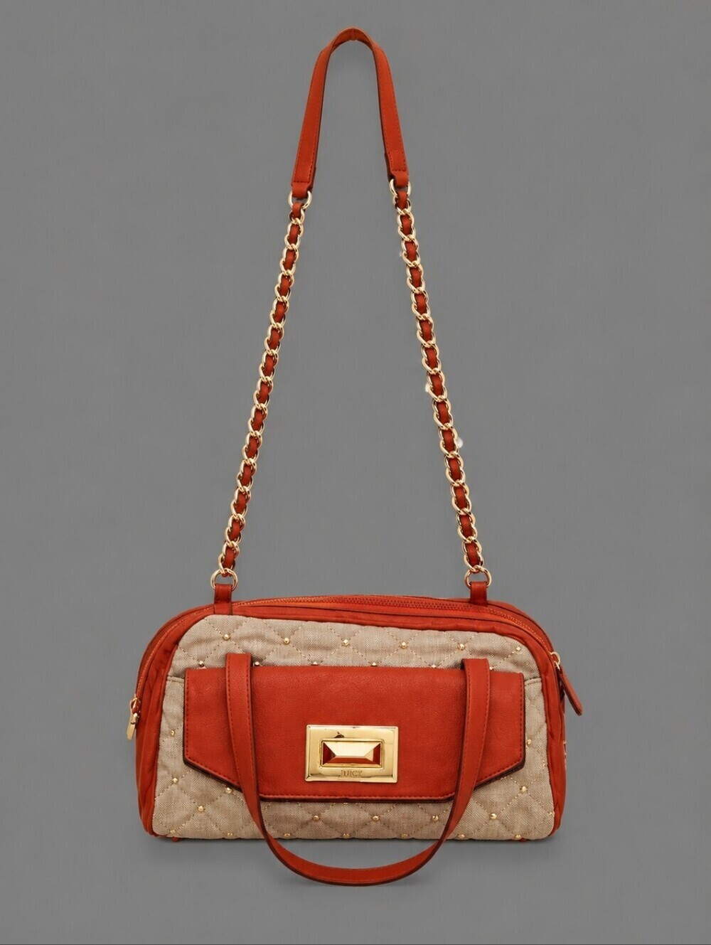 JUICY COUTURE Rare Coral Molly Satchel Linen Quilted Leather Bag